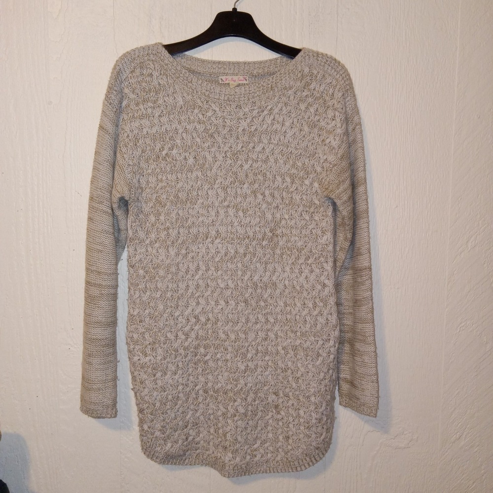 It's Our Time Tunic Sweater Womens Medium Beige Lattice Knit Longline Crewneck